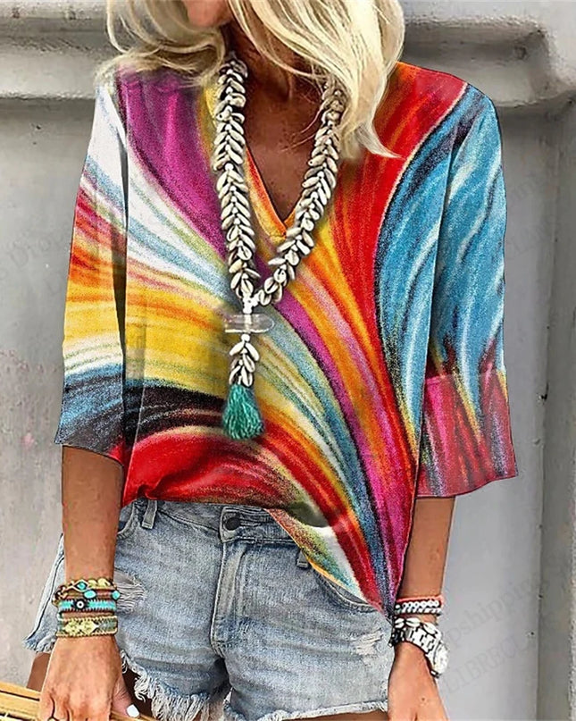 Vintage 3D Floral Oversized V‑Neck Tee – Breezy Summer Style