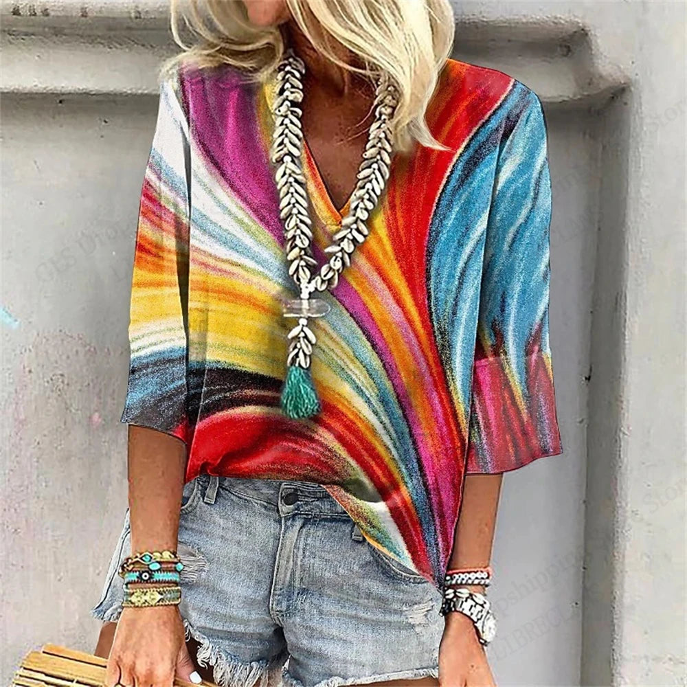 Vintage 3D Floral Oversized V‑Neck Tee – Breezy Summer Style