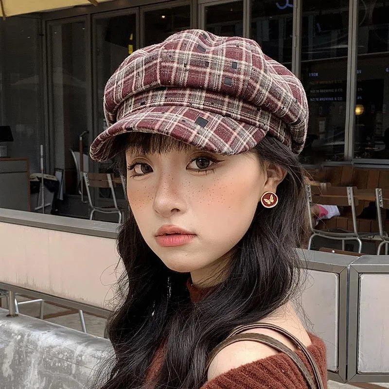 Vintage Plaid Octagonal Beret Hat for Women