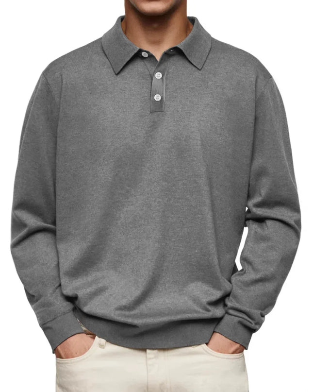Men’s Long-Sleeve V-Collar Solid Polo Shirt – Loose Fit Casual Knitwear