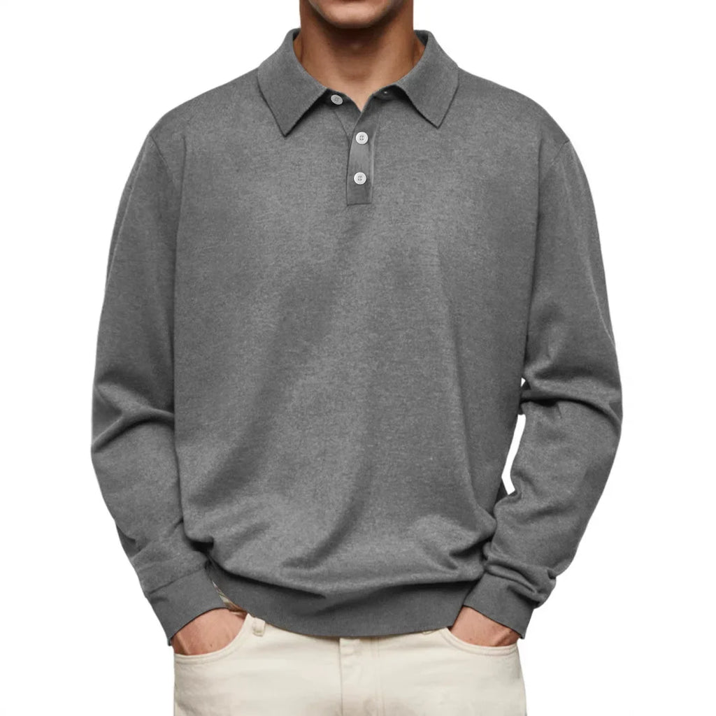 Men’s Long-Sleeve V-Collar Solid Polo Shirt – Loose Fit Casual Knitwear
