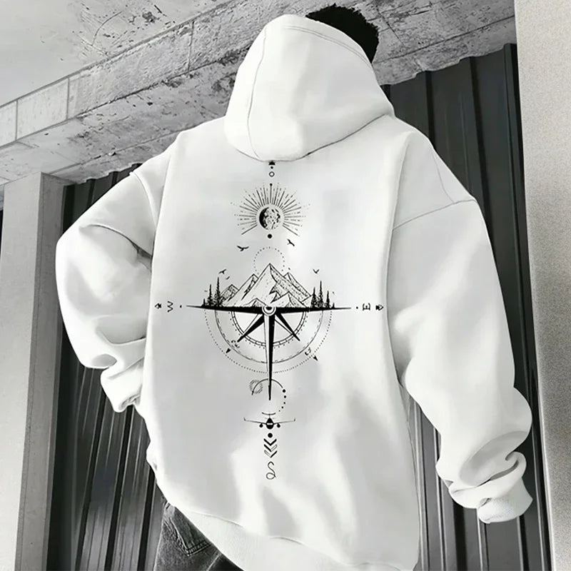 Men’s Vintage Compass Print Hoodie-HighTouch