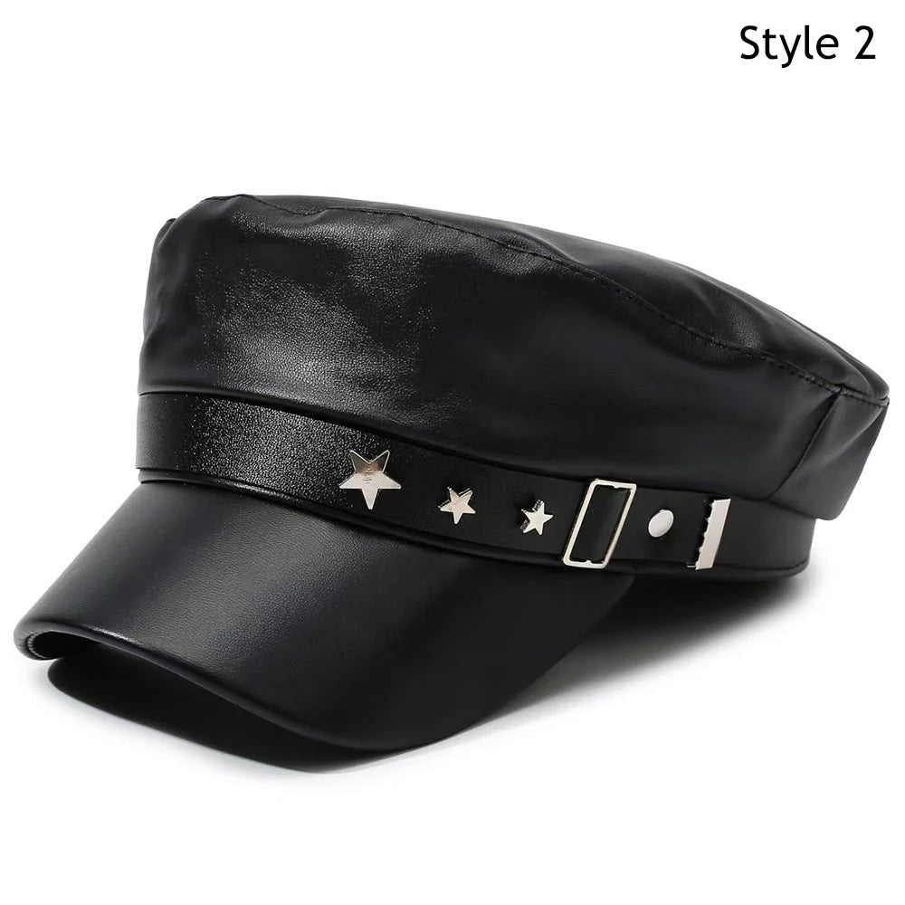 Winter Beret Women Black PU Leather Y2K Punk Newsboy Cap