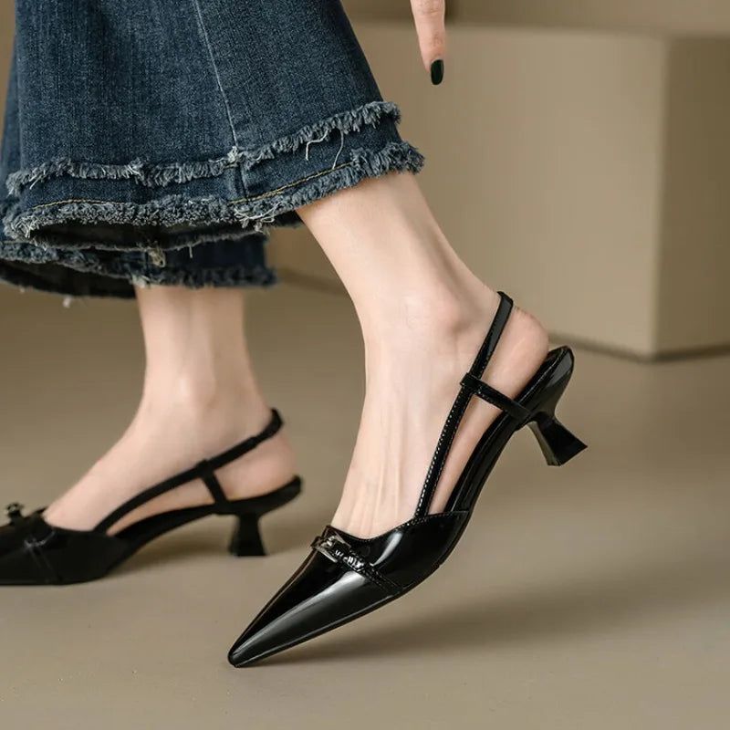 Mid-Heel Pointed Patent Leather Sandals Women-HighTouch