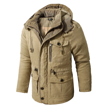 Men’s Hooded Fleece-Lined Cotton Parka – Thickened Mid-Length Winter Coat with Multi-Pockets