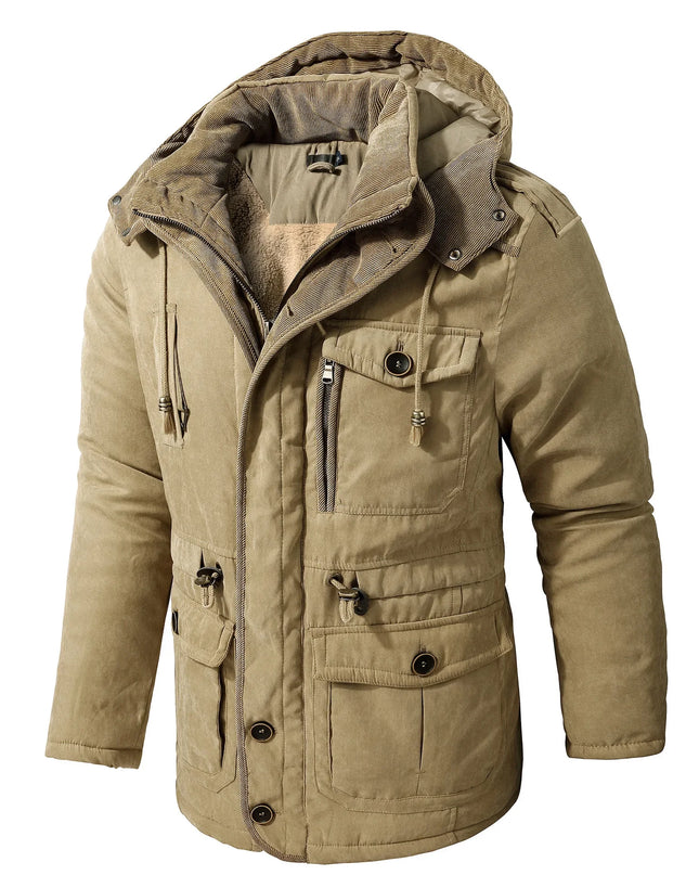 Men’s Hooded Fleece-Lined Cotton Parka – Thickened Mid-Length Winter Coat with Multi-Pockets