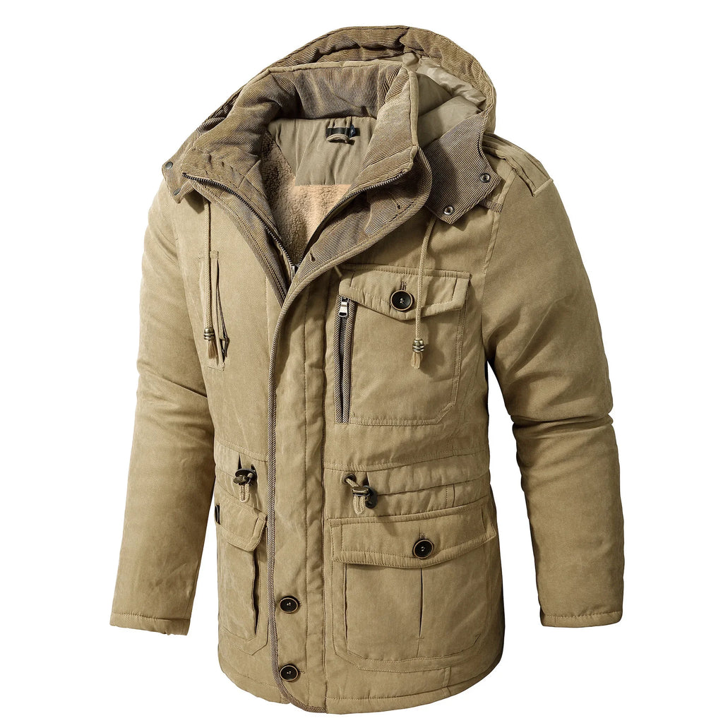 Men’s Hooded Fleece-Lined Cotton Parka – Thickened Mid-Length Winter Coat with Multi-Pockets-HighTouch