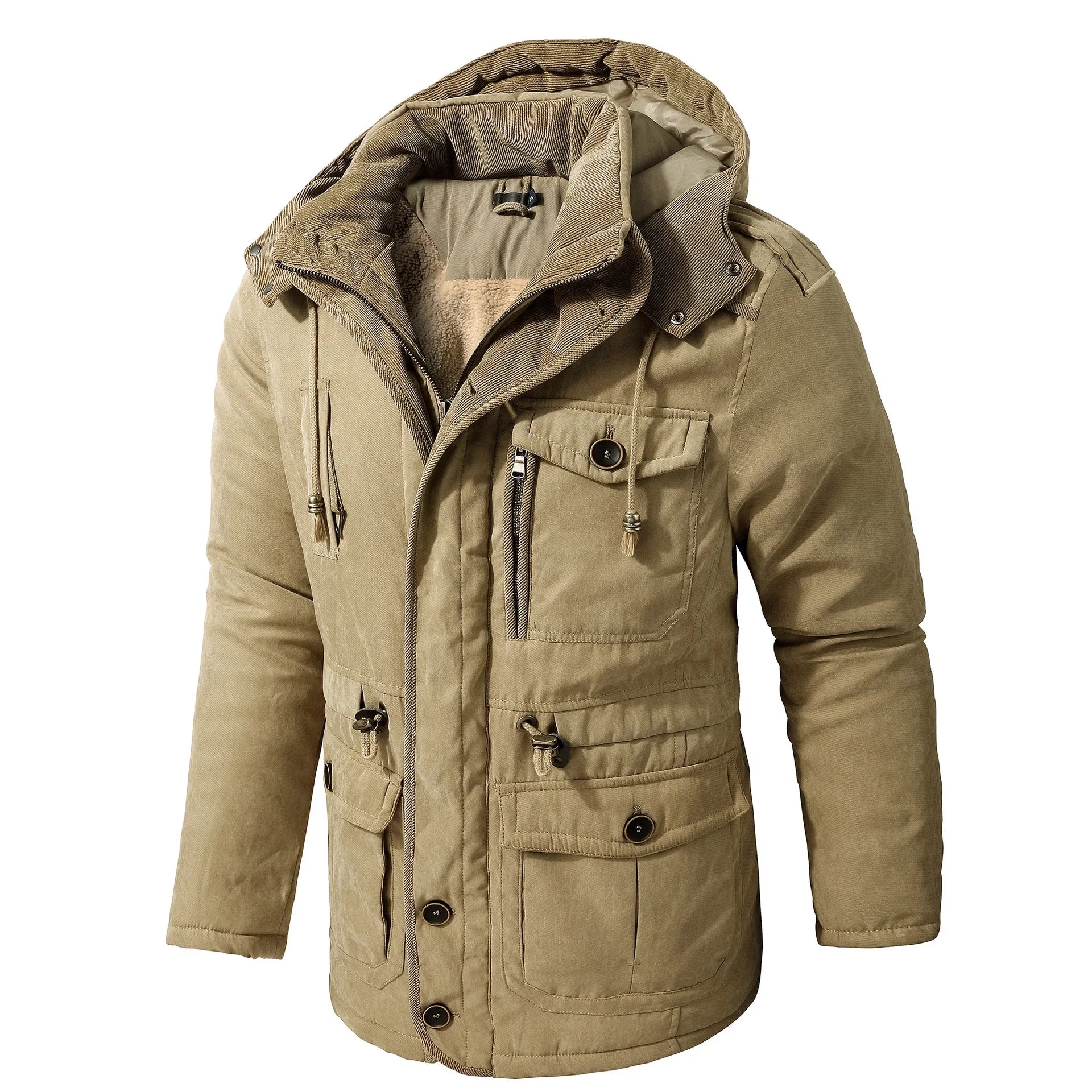 Men’s Hooded Fleece-Lined Cotton Parka – Thickened Mid-Length Winter Coat with Multi-Pockets-HighTouch
