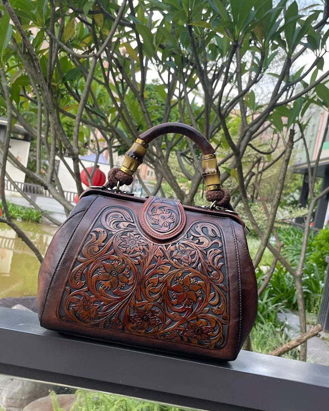 Luxury Handmade Women Shoulder Bag Vintage Carved Leather Women's Bag