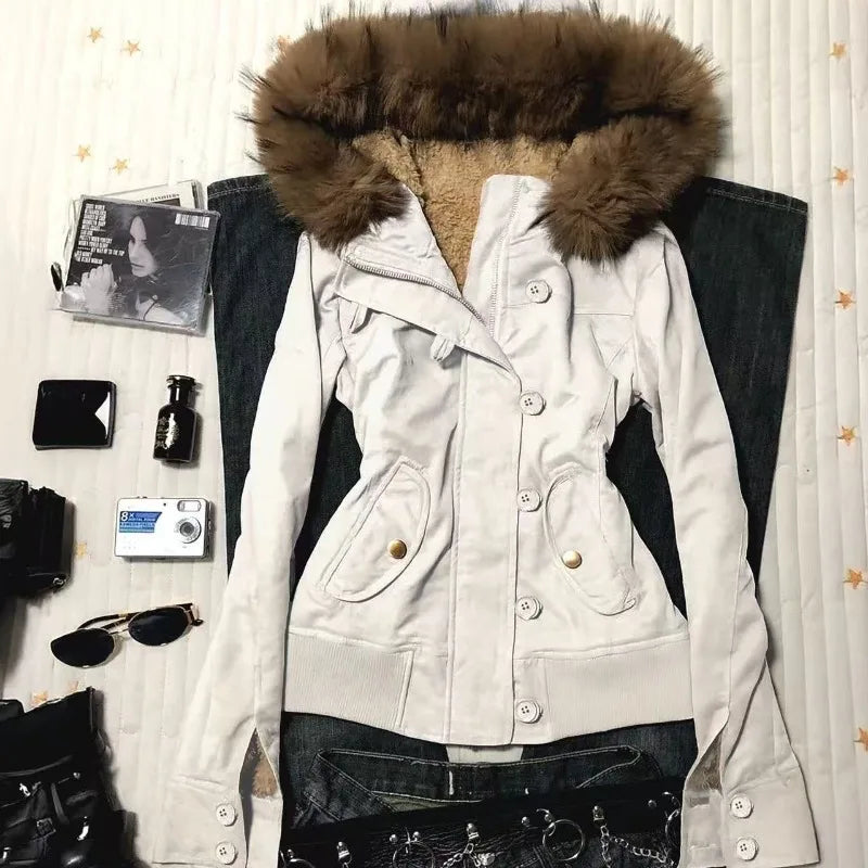 Winter Jacket Women Hooded Faux Fur Trim Fleece Lined Slim Coat