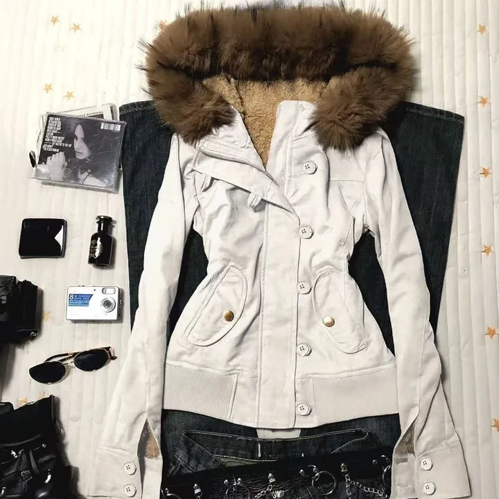 Winter Jacket Women Hooded Faux Fur Trim Fleece Lined Slim Coat