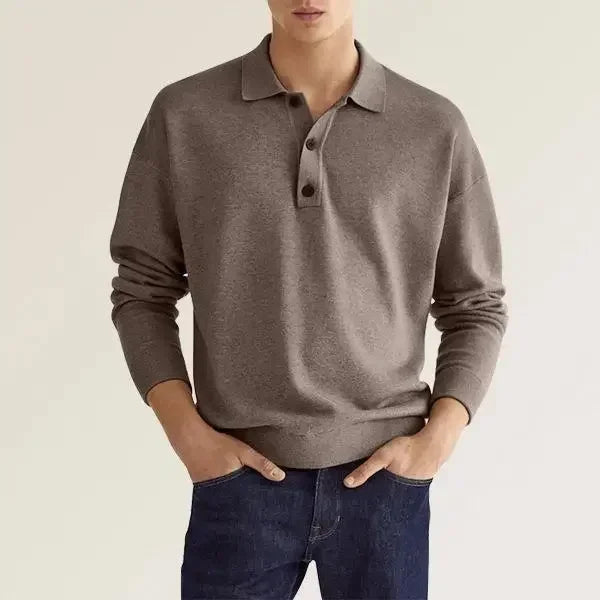 Solid Long Sleeve Men's Polo Shirt – Slim Fit Button Neck Pullover-HighTouch