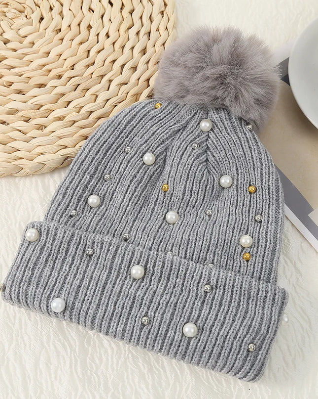Pearl & Rhinestone Pom Pom Beanie