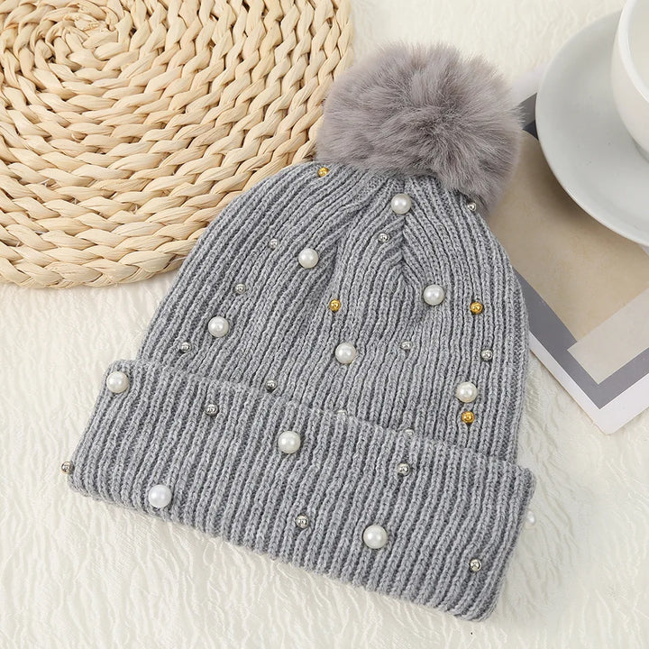 Pearl & Rhinestone Pom Pom Beanie-HighTouch
