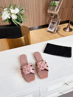Women’s Genuine Leather Square Toe Summer Slides Casual Slip-On Sandals-HighTouch