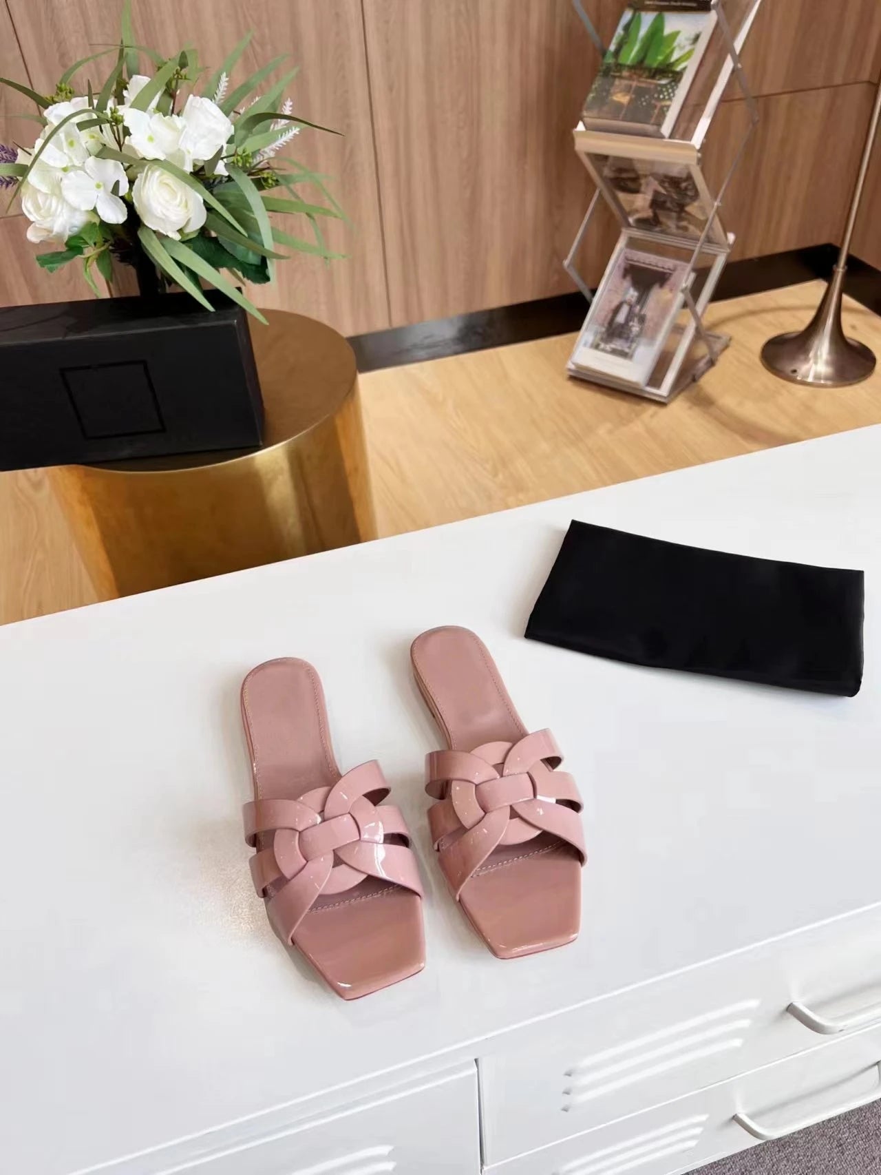 Genuine Leather Square Toe Summer Slides