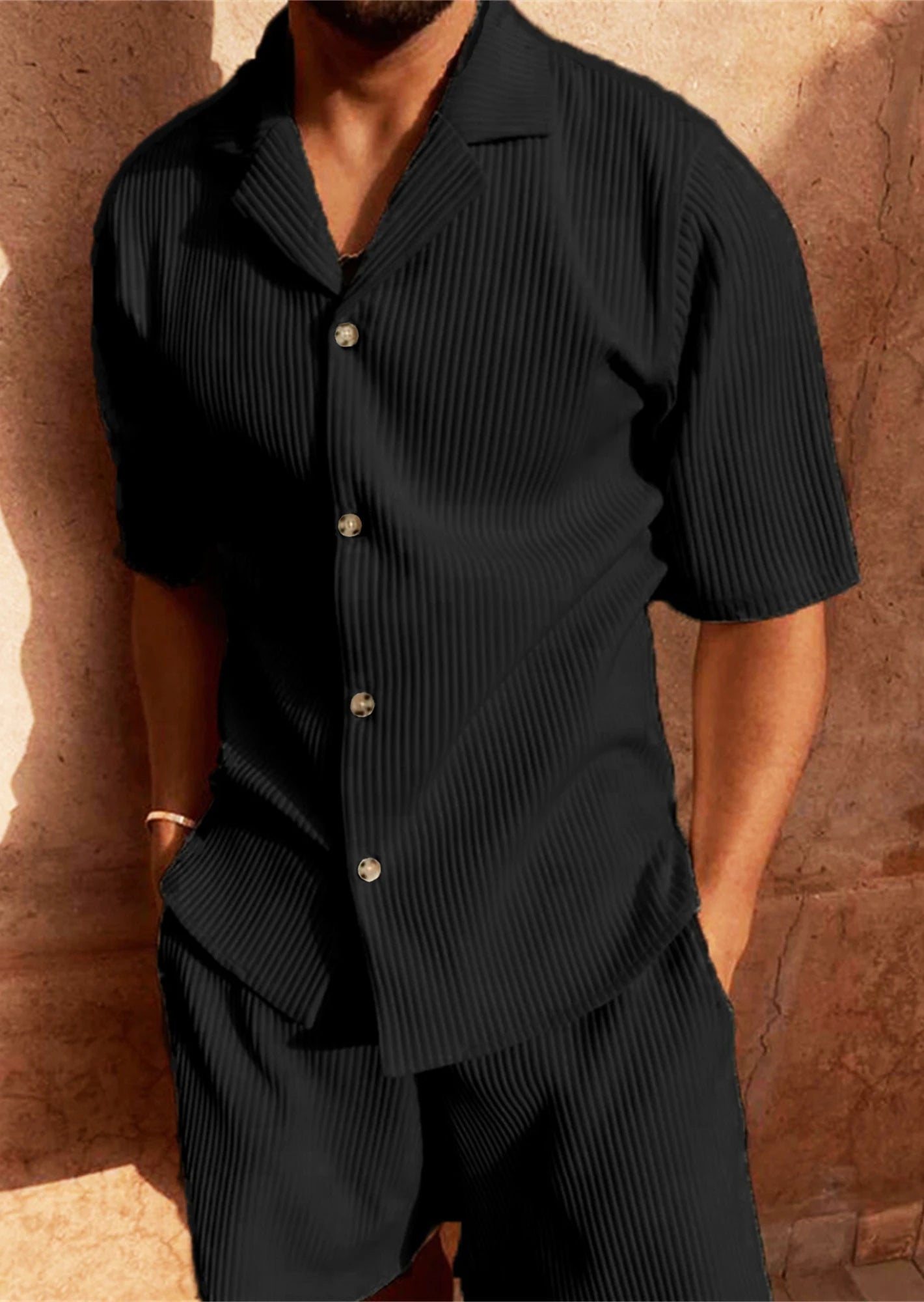 Completo da Spiaggia Casual da Uomo in Velluto a Coste – Camicia a Maniche Corte e Pantaloncini