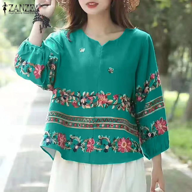 ZANZEA Vintage Boho V-Neck Blouse – Lantern Sleeve Pullover