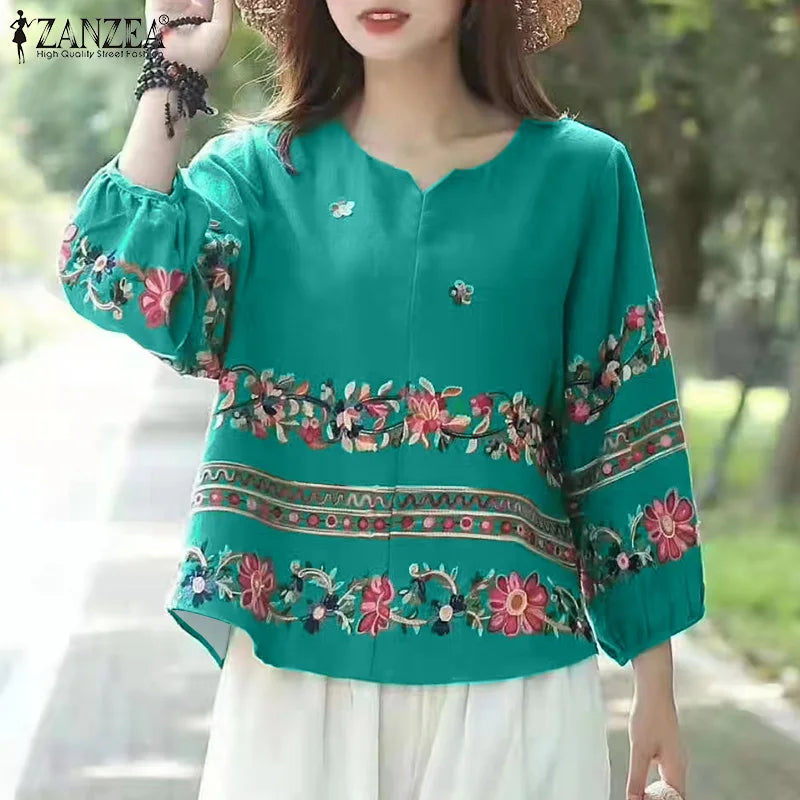 Vintage Boho V-Neck Blouse – Lantern Sleeve Pullover-HighTouch
