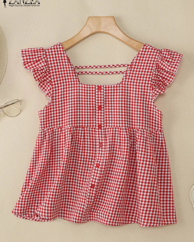 Plaid Ruffle Sleeveless Tunic – Women’s Summer Square Neck Camisole