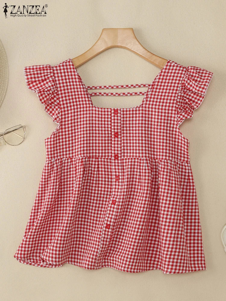 Plaid Ruffle Sleeveless Tunic – Women’s Summer Square Neck Camisole-HighTouch