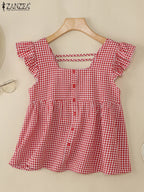 Plaid Ruffle Sleeveless Tunic – Women’s Summer Square Neck Camisole-HighTouch
