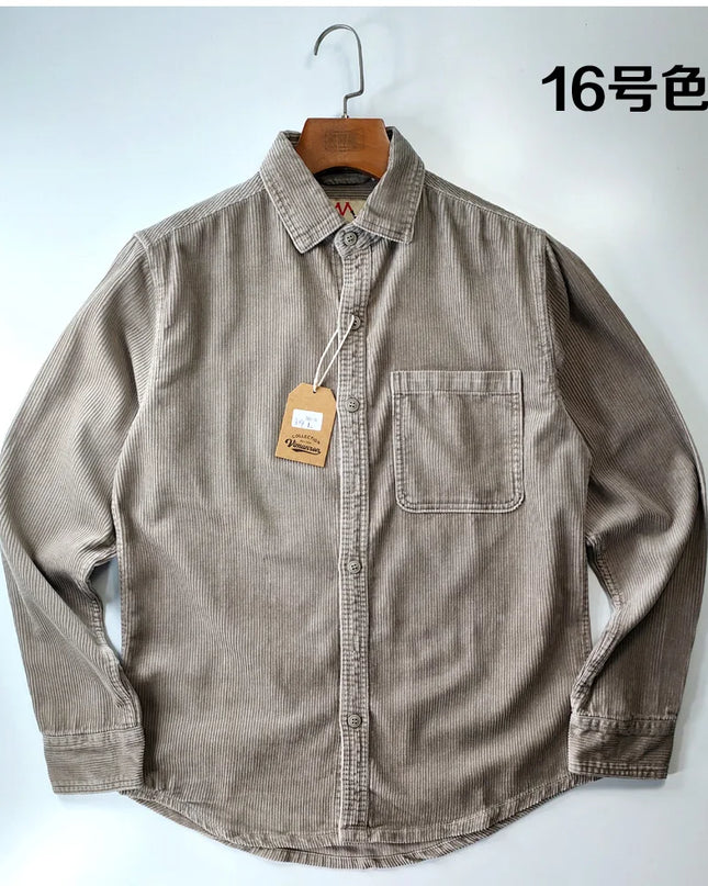 Vintage Retro Corduroy Button-Down Shirt Men –  Cotton Long Sleeve
