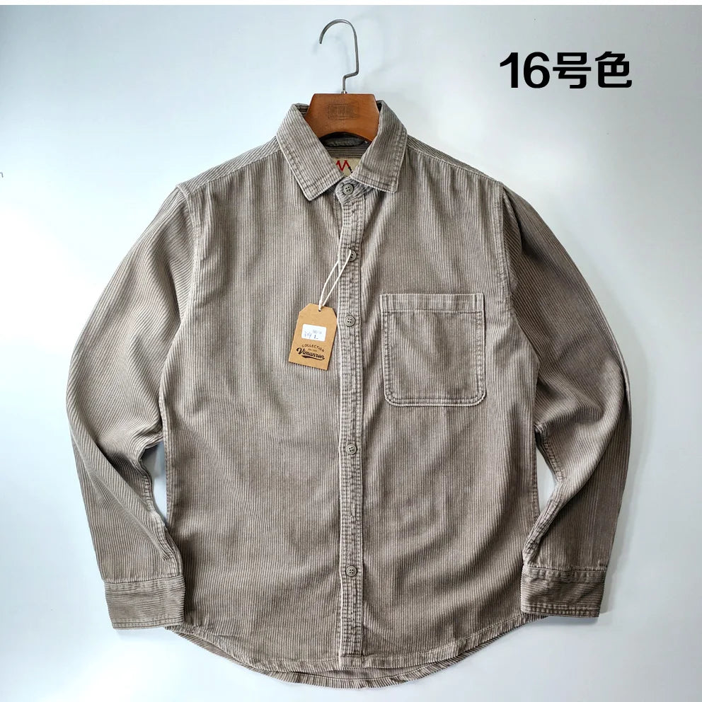 Vintage Retro Corduroy Button-Down Shirt Men –  Cotton Long Sleeve