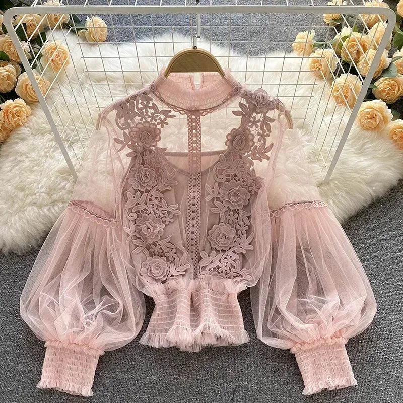Romantic Lace Puff Long-Sleeve Blouse – Timeless Elegance & Feminine Charm