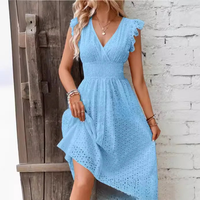 V‑Neck Hollow‑Lace Flare Sleeve Beach Midi Dress-HighTouch