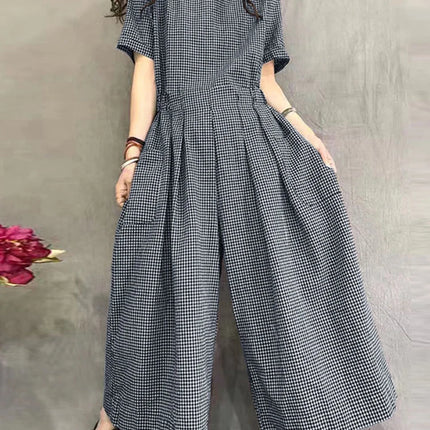 ZANZEA Gingham Wide-Leg Jumpsuit – Pleated Waist Casual Romper