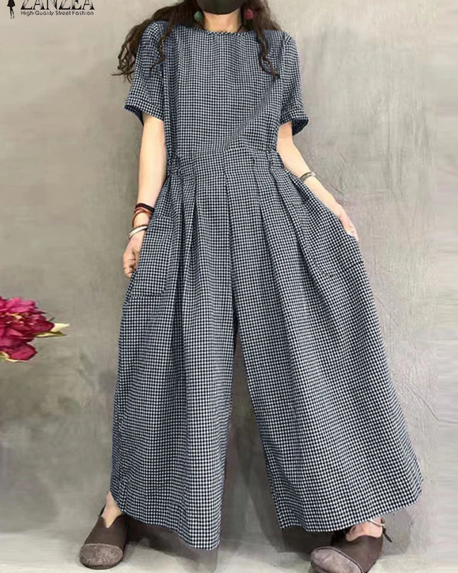 ZANZEA Gingham Wide-Leg Jumpsuit – Pleated Waist Casual Romper