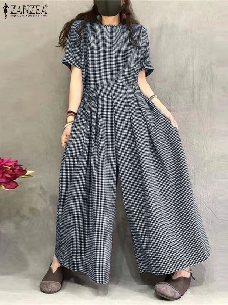 ZANZEA Gingham Wide-Leg Jumpsuit – Pleated Waist Casual Romper