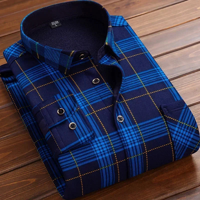 Men’s Winter Plaid Flannel Shirt – Fur Lined, Fleece‑Lined, Warm Casual Dress Shirt