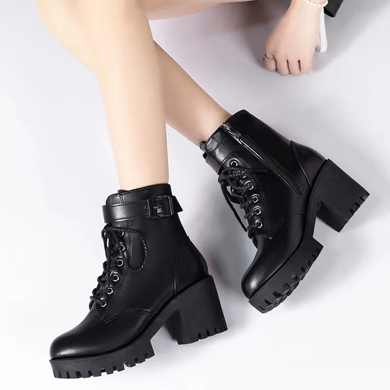 Autumn Women's Chunky Heeled Short Boots Round Toe Lace Up High Heels Solid Color Waterproof Platform Motorcycle Boots for Women