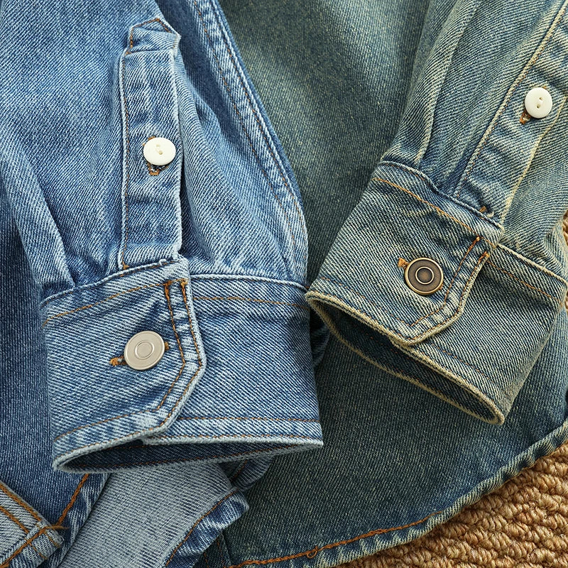 Retro Heavyweight Denim Cargo Shirt Men  Cotton Washed Overshirt Jacket