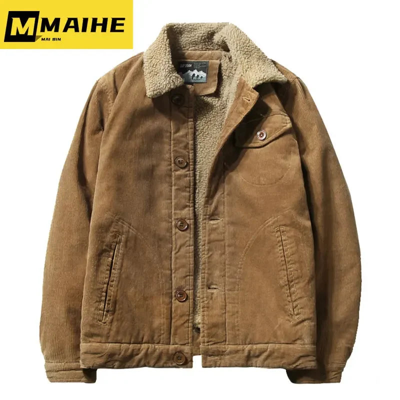 Plus Velvet Corduroy Parka Jacket Men-HighTouch