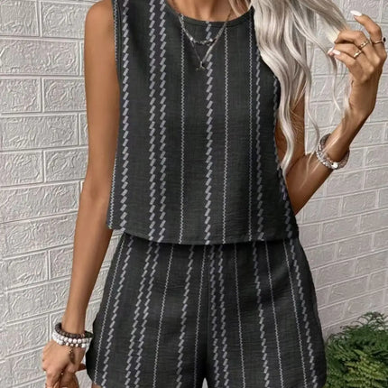 Striped Sleeveless O‑Neck Top & High‑Waist Shorts Set – Lightweight Summer Co‑Ord