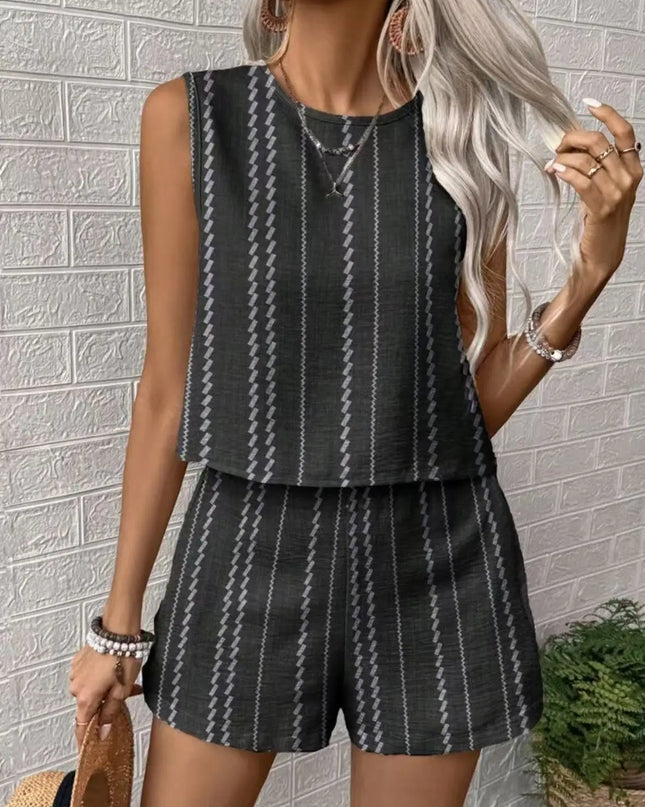 Striped Sleeveless O‑Neck Top & High‑Waist Shorts Set – Lightweight Summer Co‑Ord