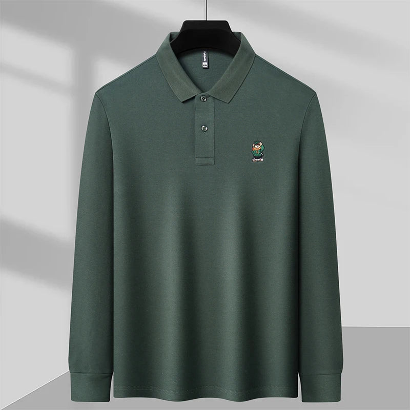 Bear-Embroidered 100% Cotton Long-Sleeve Polo – Spring/Autumn Men’s