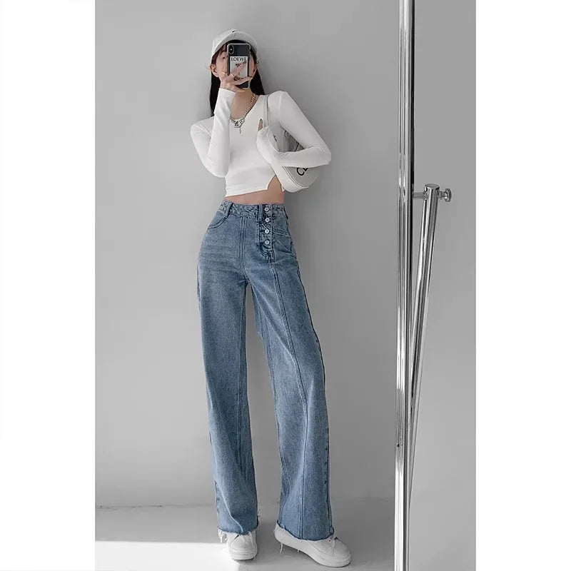 Straight-Leg Wide-Leg High-Waist Relaxed Fit Denim Jeans For Women's-HighTouch