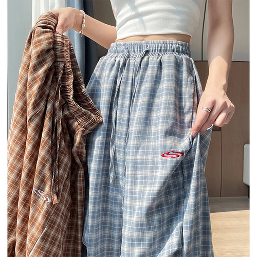 Harajuku Plaid Wide‑Leg Women’s Joggers – Y2K High‑Waist Casual Trousers-HighTouch