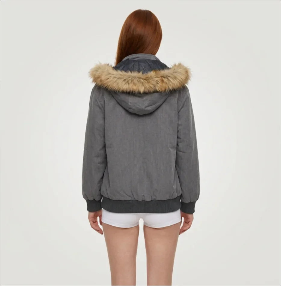 Winter Jacket Women Grey Faux Fur Hood Zip Pockets Slim Fit