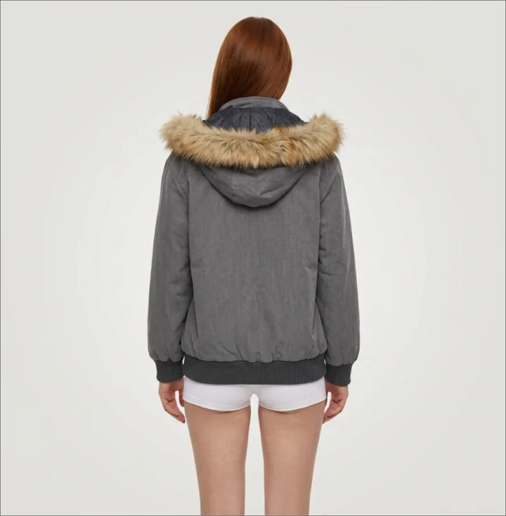 Winter Jacket Women Grey Faux Fur Hood Zip Pockets Slim Fit
