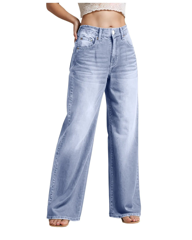 High-Waist Blue Wash Wide-Leg Jeans for Women – Stretch Comfort, Baggy Style