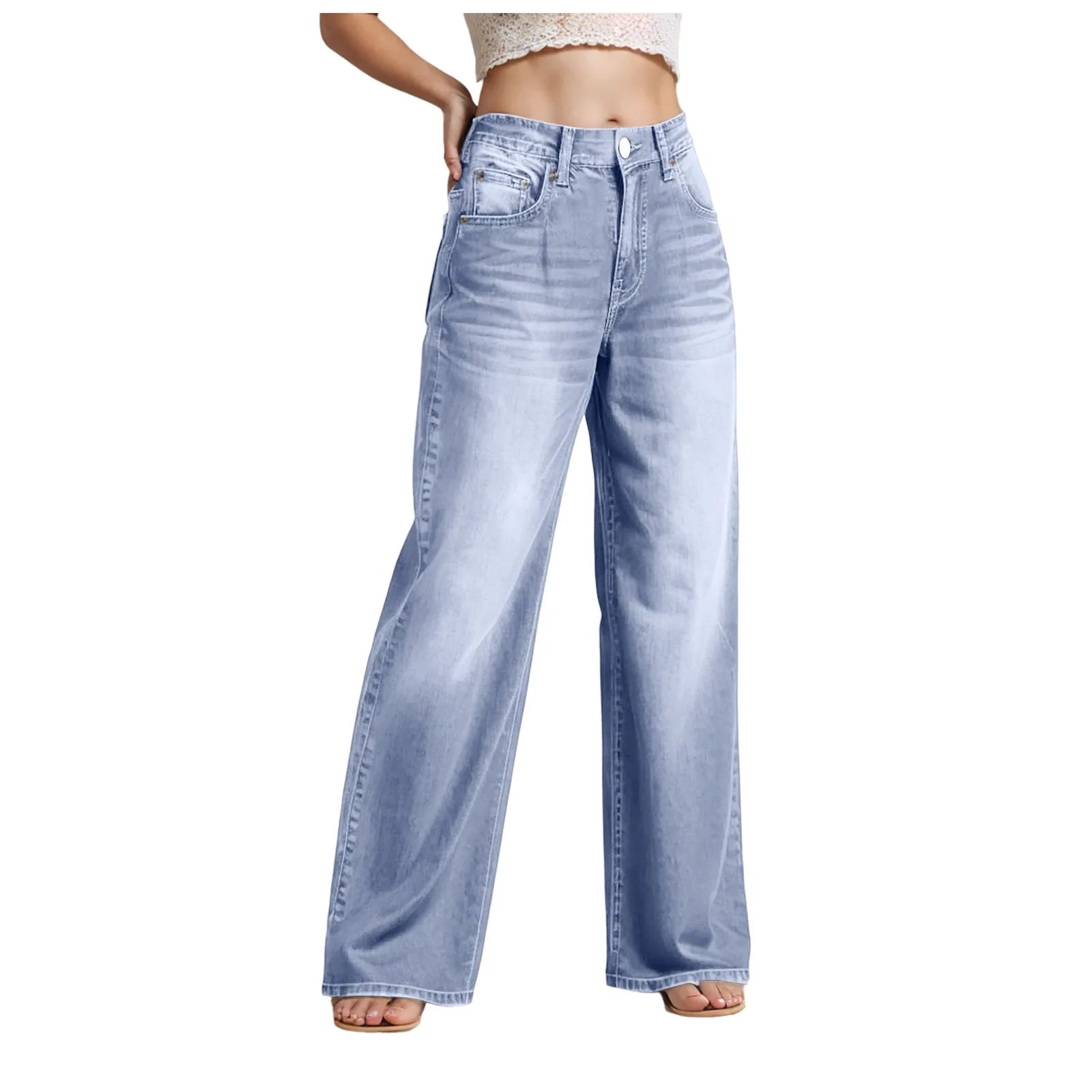 High-Waist Blue Wash Wide-Leg Jeans for Women – Stretch Comfort, Baggy Style