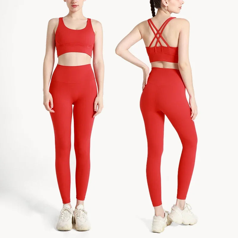 Summer New 2 Piece Yoga Clothes Women's Tracksuit Athletic Cross Back Nylon Yoga Top Women Sports Bra Leggings Pilates Fitness-HighTouch
