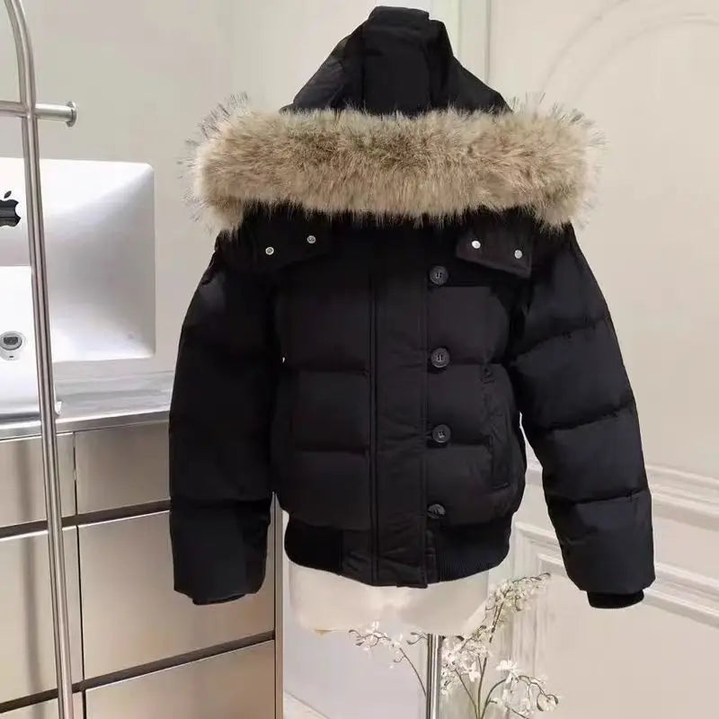 Winter Puffer Coat Women Fur Collar Hooded Cotton Padded Jacket