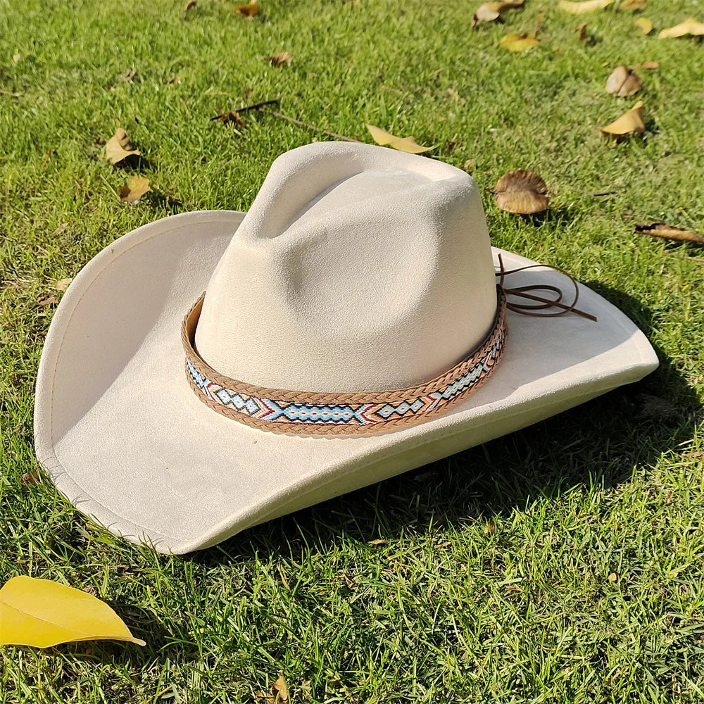 Suede Wide-Brim Western Cowboy Fedora Adjustable Fit-HighTouch