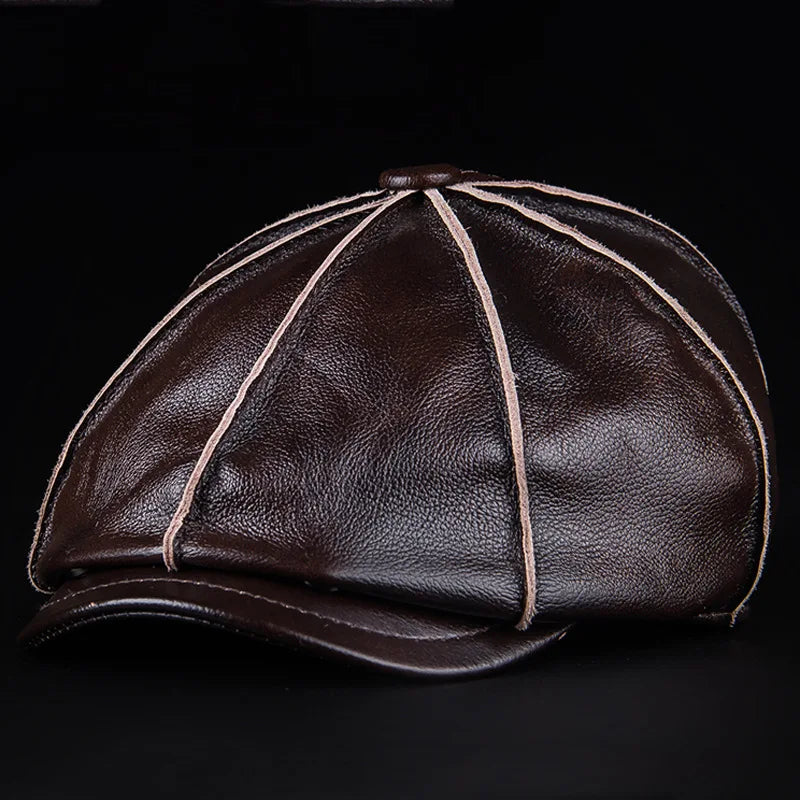 Genuine Cowhide Leather Octagonal Cap – Warm & Adjustable Men’s Style